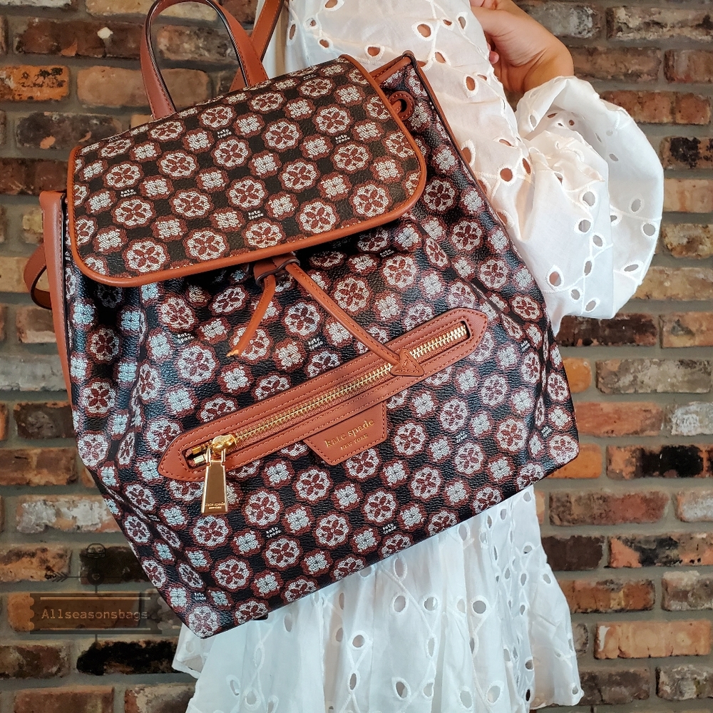 NWT AUTHENTIC Kate Spade Floral Monogram Coated Canvas Medium Backpack brown BAG - Picture 3 of 5
